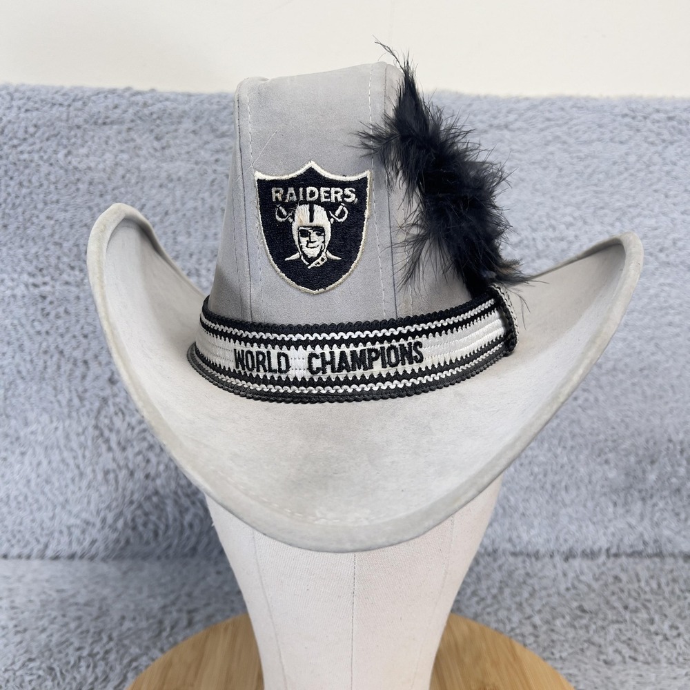 Vintage AJD Raiders World Champions Suede Cowboy Hat Small Feather 80s Retro NFL